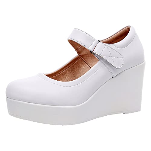 Jamron Damen Hohe Plateau 8CM Keilabsatz Mary Jane Schuhe Klettverschluss Knöchelriemen Leder Pumps Weiß SN070281-2 EU37.5 von Jamron