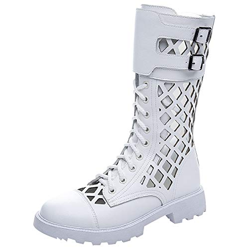 Jamron Damen Hollow Out Reißverschluss Flache Booties Sandalen Sommer Herbst Halbschaft Römische Stiefel Weiß SN07719 EU39.5 von Jamron