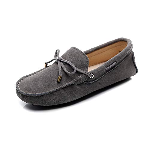 Jamron Damen Klassisch Wildleder Krawatte Loafers Gemütlich Handgefertigt Mokassins Slippers Grau 24208-2 EU35 von Jamron