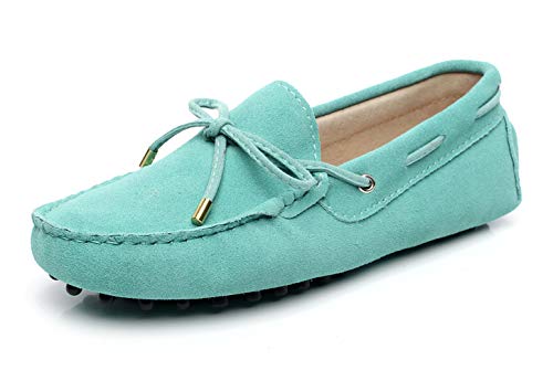 Jamron Damen Klassisch Wildleder Krawatte Loafers Gemütlich Handgefertigt Mokassins Slippers Hellgrün 24208-2 EU37 von Jamron