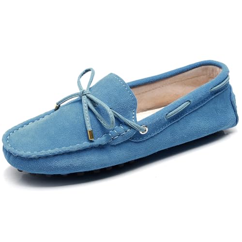 Jamron Damen Klassisch Wildleder Krawatte Loafers Gemütlich Handgefertigt Mokassins Slippers Himmelblau 24208-2 EU37 von Jamron