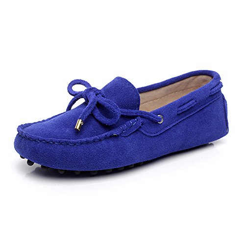 Jamron Damen Klassisch Wildleder Krawatte Loafers Gemütlich Handgefertigt Mokassins Slippers Königsblau 24208-2 EU35 von Jamron