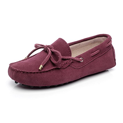 Jamron Damen Klassisch Wildleder Krawatte Loafers Gemütlich Handgefertigt Mokassins Slippers Rotwein 24208-2 EU41 von Jamron