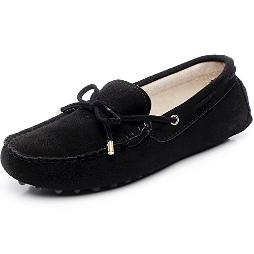 Jamron Damen Klassisch Wildleder Krawatte Loafers Gemütlich Handgefertigt Mokassins Slippers Schwarz 24208-2 EU38.5 von Jamron