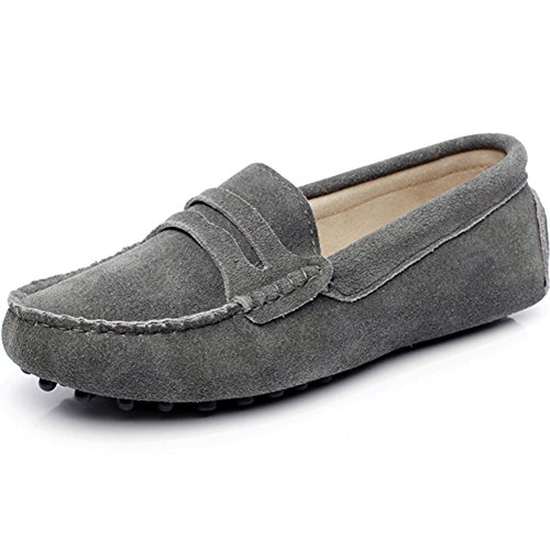 Jamron Damen Klassisch Wildleder Penny Loafers Gemütlich Handgefertigt Mokassins Slippers Grau 24208 EU35 von Jamron