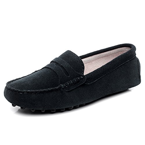 Jamron Damen Klassisch Wildleder Penny Loafers Gemütlich Handgefertigt Mokassins Slippers Schwarz 24208 EU37 von Jamron