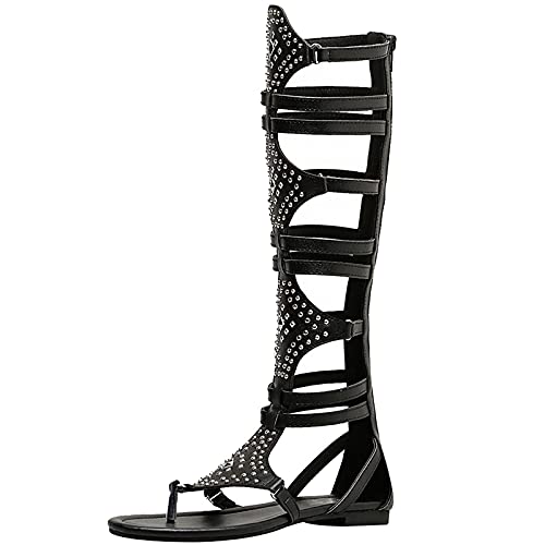 Jamron Damen Knie Hoch Römische Gladiator Sandalen Nieten Besetzt Riemchensandalen Reißverschluss Zehensandalen Schwarz SN020342 EU39.5 von Jamron