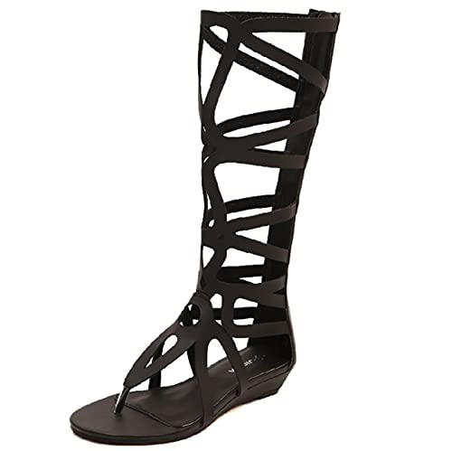 Jamron Damen Knie Hoch Römische Gladiator Sandalen Nieten Besetzt Riemchensandalen Reißverschluss Zehensandalen Schwarz SN602C027 EU36 von Jamron