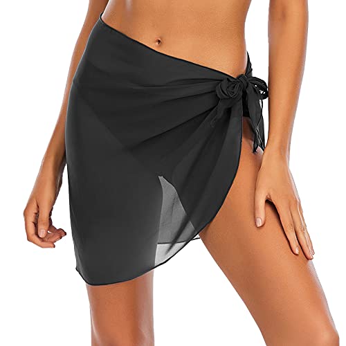 Jamron Damen Kurze Sarong Sexy Bikini Cover Ups Strandkleid Wrap Pareos für Strand Schwimmen, Multifunktional,Durchsichtig Schwarz L von Jamron