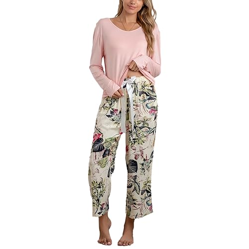 Jamron Damen Lange Schlafanzüge Langarm T-Shirt und Weites Bein Hose mit Blumendruck Bequeme Loungewear Nachtwäsche Pyjama Sets Rosa 3XL von Jamron