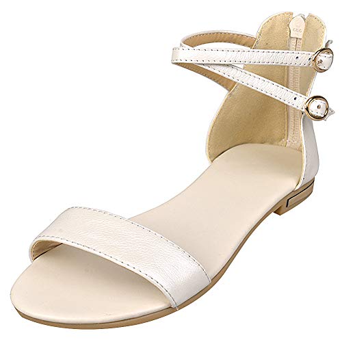 Jamron Damen Leder Knöchelriemen Sandalen Flach Open Toe Zurück Reißverschluss Sommer Pumps Schuhe Beige SN02036 EU36 von Jamron