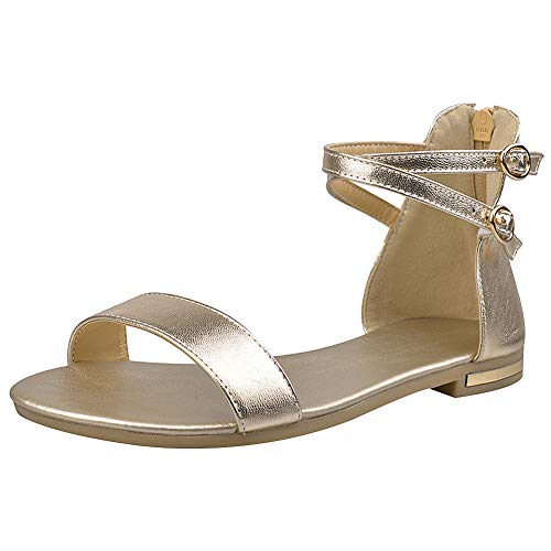 Jamron Damen Leder Knöchelriemen Sandalen Flach Open Toe Zurück Reißverschluss Sommer Pumps Schuhe Gold SN02036 EU41.5 von Jamron