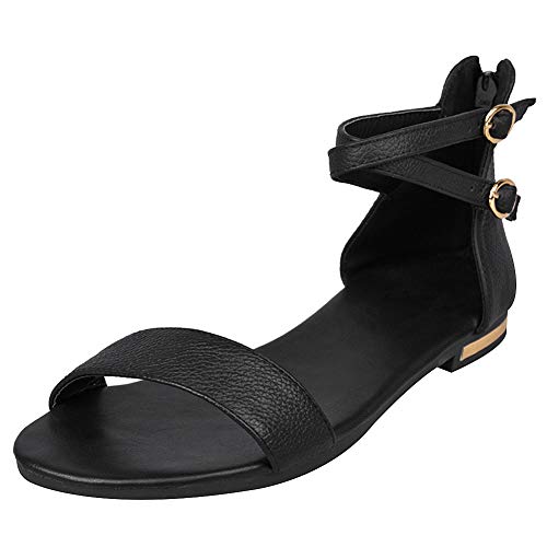 Jamron Damen Leder Knöchelriemen Sandalen Flach Open Toe Zurück Reißverschluss Sommer Pumps Schuhe Schwarz SN02036 EU39.5 von Jamron