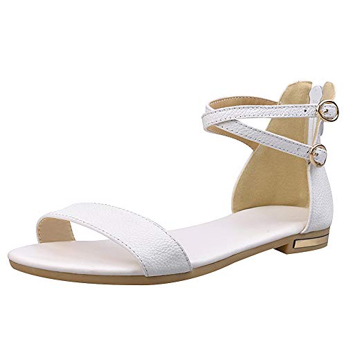 Jamron Damen Leder Knöchelriemen Sandalen Flach Open Toe Zurück Reißverschluss Sommer Pumps Schuhe Weiß SN02036 EU36 von Jamron