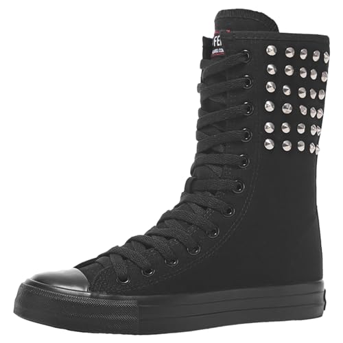 Jamron Damen Mädchen Halbschaft Schnüren Segeltuch Stiefel mit Reißverschluss Lässige High Top Canvas Sneakers Schwarz Nieten SN533 EU40 von Jamron