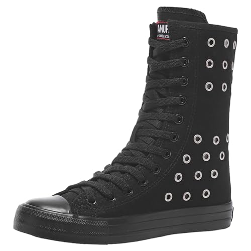 Jamron Damen Mädchen Halbschaft Schnüren Segeltuch Stiefel mit Reißverschluss Lässige High Top Canvas Sneakers Schwarz Ösen SN530 EU38.5 von Jamron