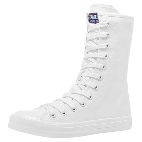Jamron Damen Mädchen Halbschaft Schnüren Segeltuch Stiefel mit Reißverschluss Lässige High Top Canvas Sneakers Weiß Spitze SN537 EU38.5 von Jamron