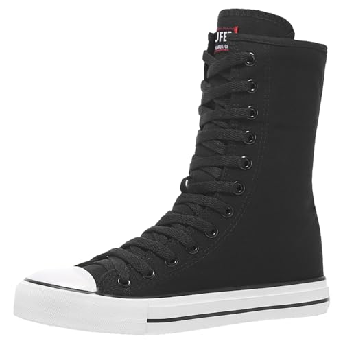 Jamron Damen Mädchen Moda Halbschaft Segeltuch Stiefel Lässige High Top Schnüren Canvas Sneakers Schwarz SN511 EU38 von Jamron