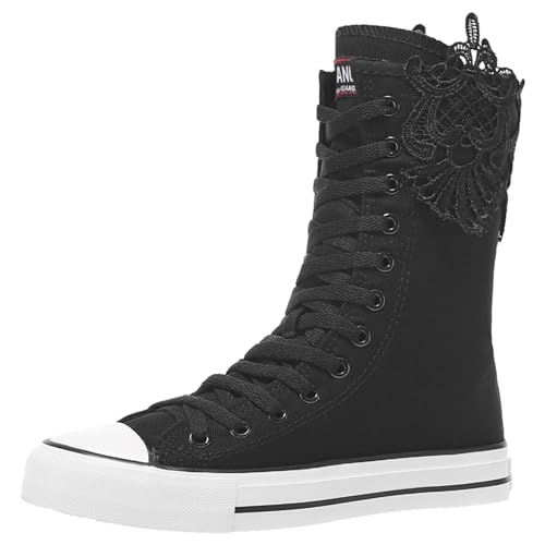 Jamron Damen Mädchen Moda Halbschaft Segeltuch Stiefel Lässige High Top Schnüren Canvas Sneakers Schwarz Spitze SN517 EU41 von Jamron