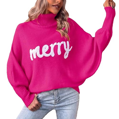 Jamron Damen Merry Christmas Pullover Winter Warm Rollkragen Fledermausärmel Pullis SN602C246 Fuchsia L von Jamron