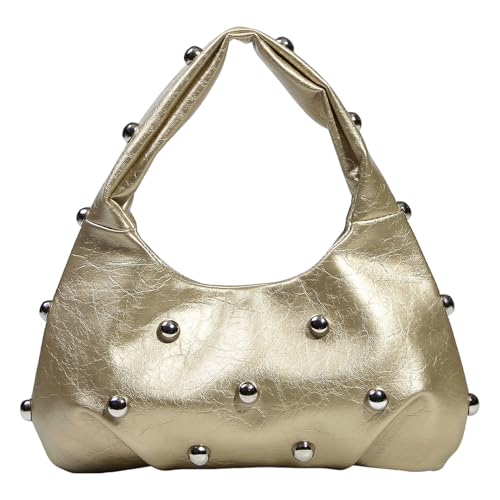 Jamron Damen Metallisch PU Leder Hobo Tasche Modische Dumpling Tasche mit Nieten SN0705220 Gold von Jamron