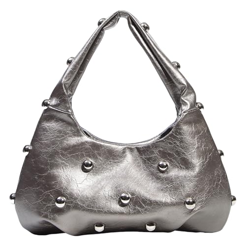 Jamron Damen Metallisch PU Leder Hobo Tasche Modische Dumpling Tasche mit Nieten SN0705220 Silber-Grau von Jamron