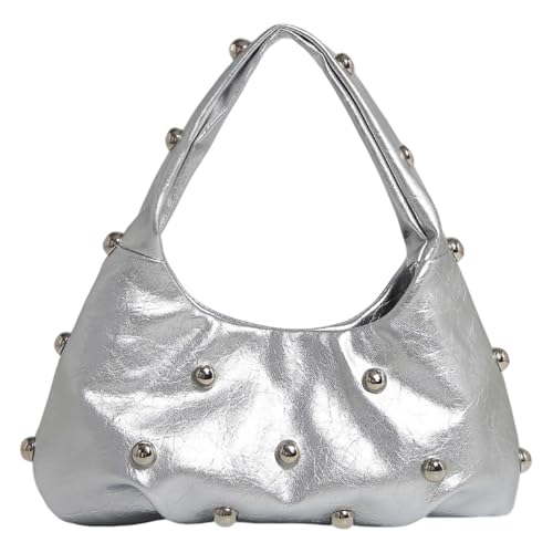 Jamron Damen Metallisch PU Leder Hobo Tasche Modische Dumpling Tasche mit Nieten SN0705220 Silber von Jamron