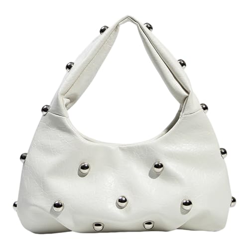 Jamron Damen Metallisch PU Leder Hobo Tasche Modische Dumpling Tasche mit Nieten SN0705220 Weiß von Jamron