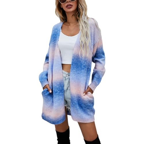 Jamron Damen Moda Tie-Dye Regenbogen Lange Strickjacke Leichtgewicht Cardigan Strickmantel SN602C226 Blau 3XL von Jamron