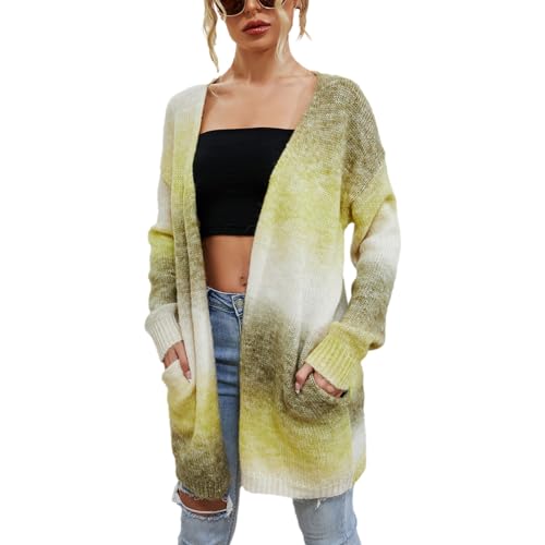 Jamron Damen Moda Tie-Dye Regenbogen Lange Strickjacke Leichtgewicht Cardigan Strickmantel SN602C226 Gelb XL von Jamron