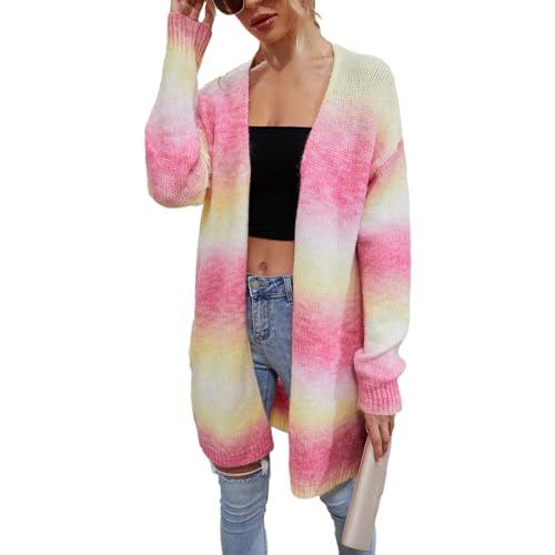 Jamron Damen Moda Tie-Dye Regenbogen Lange Strickjacke Leichtgewicht Cardigan Strickmantel SN602C226 Koralle S von Jamron