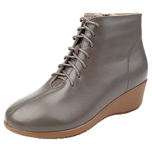Jamron Damen Mode Echtleder Keilabsatz Stiefeletten mit Schnürung Winterstiefel mit Warmes Plüsch Futter Grau Plüsch EU38.5 von Jamron