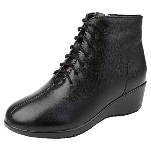 Jamron Damen Mode Echtleder Keilabsatz Stiefeletten mit Schnürung Winterstiefel mit Warmes Plüsch Futter Schwarz Plüsch EU35 von Jamron