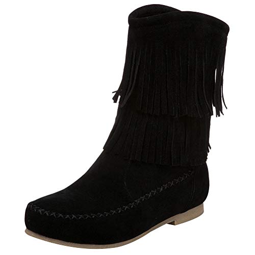 Jamron Damen Modisch Doppelt Fransen Mokassin Stiefel Halbschaft Cowboystiefel Schwarz SN02781 EU42.5 von Jamron