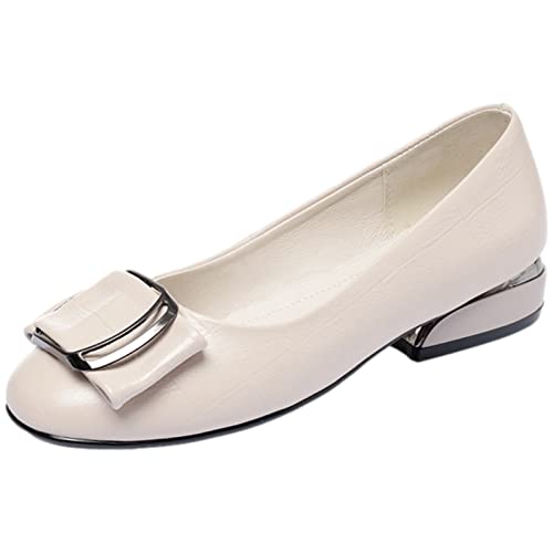 Jamron Damen Modisch Quadratische Zehe Schnalle Leder Pumps Schuhe Niedriger Blockabsatz Ballerinas Beige SN02850 EU39.5 von Jamron