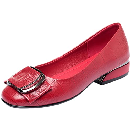 Jamron Damen Modisch Quadratische Zehe Schnalle Leder Pumps Schuhe Niedriger Blockabsatz Ballerinas Rot SN02850 EU37.5 von Jamron