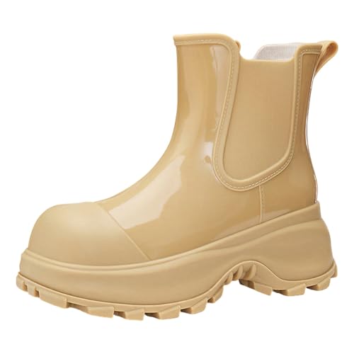 Jamron Damen Modische Chelsea Regenstiefel Dicker Absatz Knöchelhoch Gummistiefel Aprikose SN0708294 EU38 von Jamron