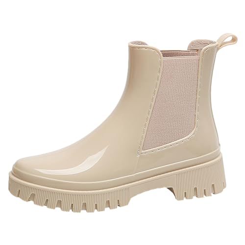 Jamron Damen Modische Chelsea Regenstiefel Dicker Absatz Knöchelhoch Gummistiefel Beige SN0708183 EU41 von Jamron