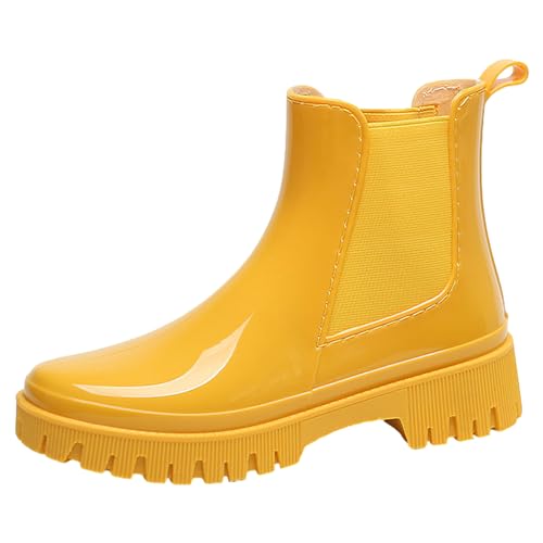 Jamron Damen Modische Chelsea Regenstiefel Dicker Absatz Knöchelhoch Gummistiefel Gelb SN0708183 EU39 von Jamron