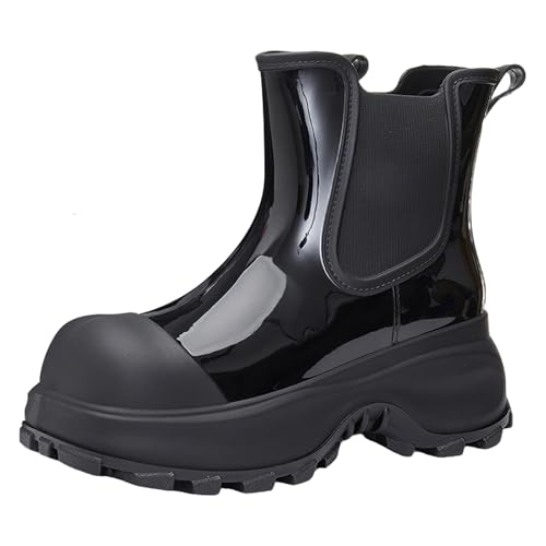 Jamron Damen Modische Chelsea Regenstiefel Dicker Absatz Knöchelhoch Gummistiefel Schwarz SN0708294 EU38 von Jamron