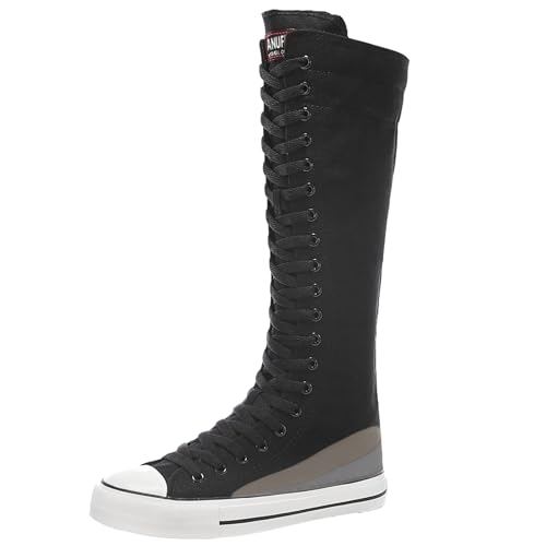 Jamron Damen Modische Keilabsatz Segeltuch Kniestiefel Schwarz 911-1AB EU42 von Jamron