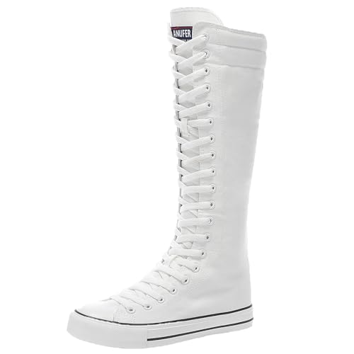 Jamron Damen Modische Segeltuchschuhe Tanzstiefel Kniehoch Fahrradstiefel Mädchen Schulschuhe Weiß 905 EU38 von Jamron