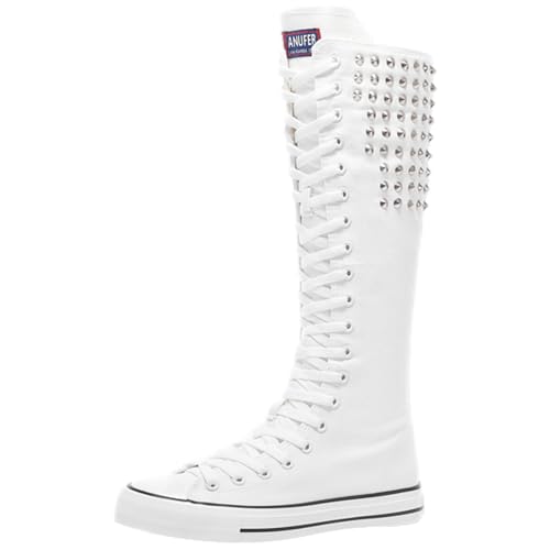 Jamron Damen Modische Segeltuchschuhe Tanzstiefel Kniehoch Fahrradstiefel Mädchen Schulschuhe Weiß Nieten SN914AB EU39.5 von Jamron