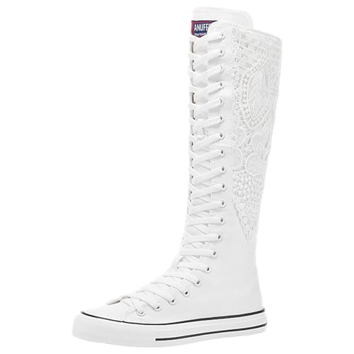 Jamron Damen Modische Segeltuchschuhe Tanzstiefel Kniehoch Fahrradstiefel Mädchen Schulschuhe Weiß Spitzenbesatz SN913AB EU38 von Jamron