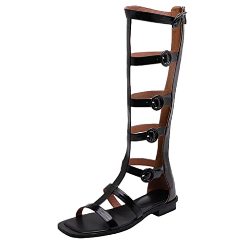 Jamron Damen Offene Zehen Verstellbar Riemchensandalen Gladiator Römische Sandalen Kniestiefel mit Reißverschluss Schwarz SN0702131 EU38.5 von Jamron