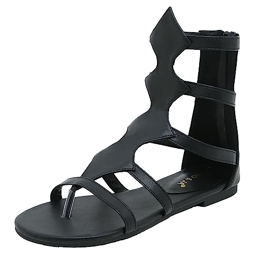 Jamron Damen Offene Zehenstegsandalen Knöchelhoch Römische Riemchensandalen Stiefel mit Reißverschluss Schwarz SN0705141 EU38.5 von Jamron