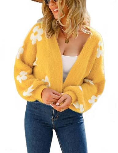 Jamron Damen Offener Front Geblümte Kurze Strickjacke Langarm Gestrickt Cover Up Cardigan SN602C271 Gelb L von Jamron