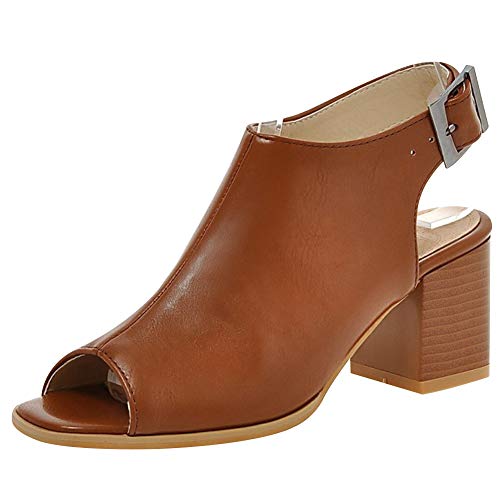 Jamron Damen PU Modisch Peep Toe Slingback Pumps Open Back Blockabsatz Fesselriemen Sandalen Booties Braun SN020422 EU39.5 von Jamron