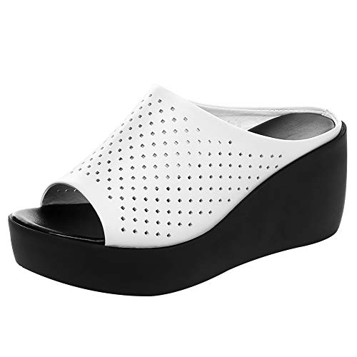 Jamron Damen Peeptoe Mules Plateau Keilabsatz Echtleder Sommer Pantoffeln Schlapfen Hausschuhe Ausgehöhlt Weiß SN02409-2 EU40 von Jamron