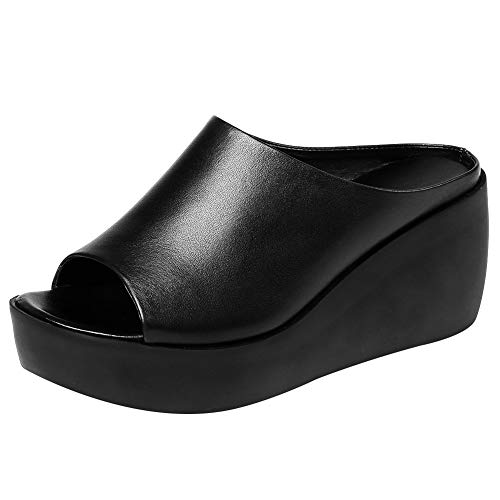 Jamron Damen Peeptoe Mules Plateau Keilabsatz Echtleder Sommer Pantoffeln Schlapfen Hausschuhe Schwarz SN02409 EU35 von Jamron
